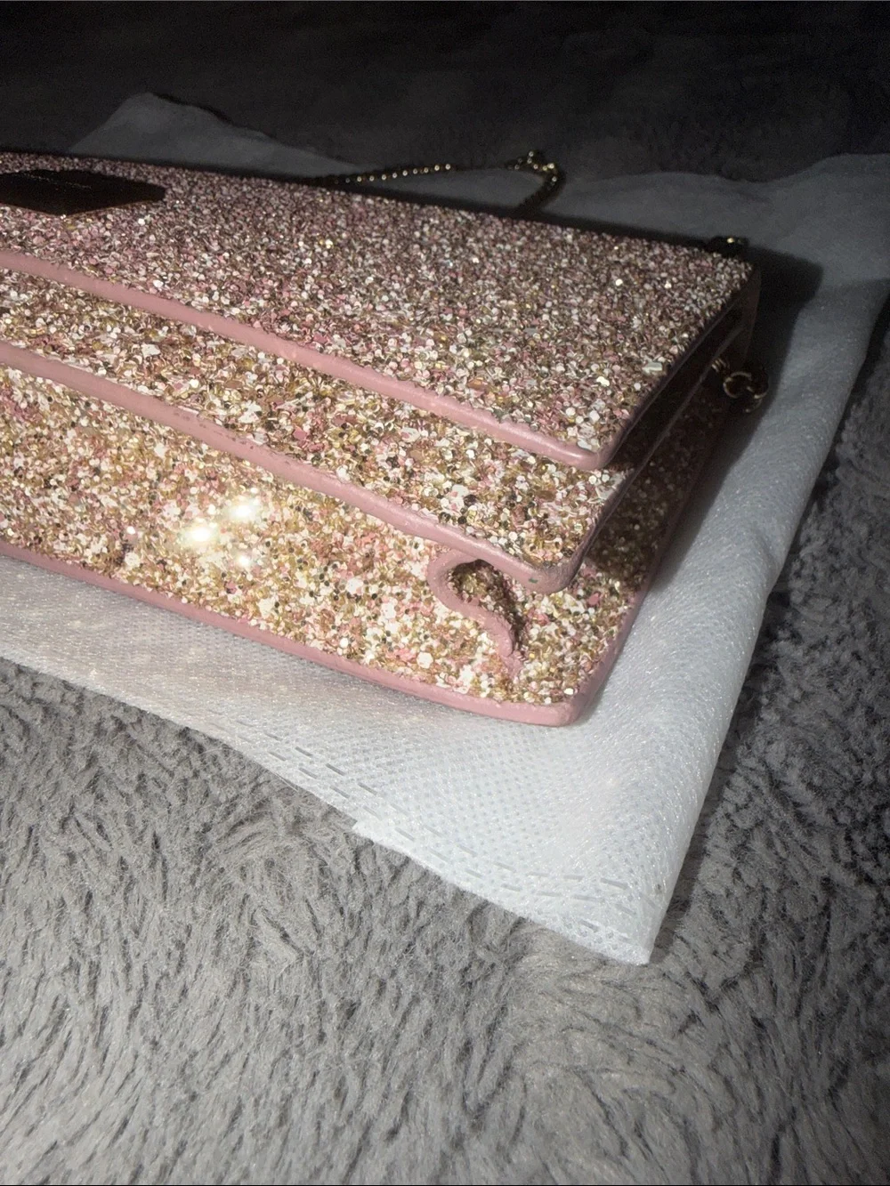 Preloved Jimmy Choo Pink Glitter Chain Clutch with Gold-Tone Hardware never worn